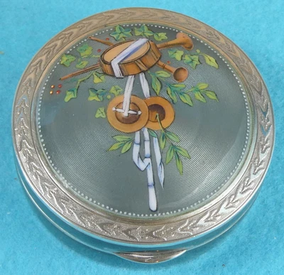 £885 • Buy Sterling Silver Guilloche Enamel Box Horns Drum Leaves Louis Kuppenheim C 1910