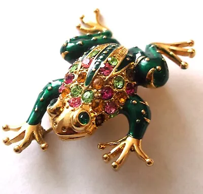 Vintage Enamel Pink & Green Crystal Frog Brooch Pin • $5.99