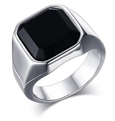Men's Black Onyx Rings Stainless Steel Square Agate Signet Ring Band Size 7-12 • $12.99