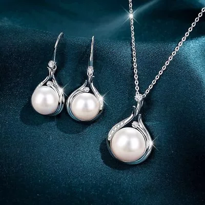 £4.99 • Buy 925 Sterling Silver Crystal Pearl Drop Necklace Hook Earrings Womens Jewellery