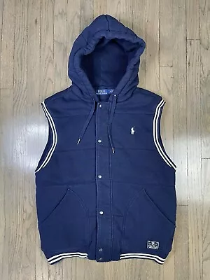 Polo Ralph Lauren Hooded Vest Men’s Sz M Full Zip Quilted Cotton Fleece Navy • $45