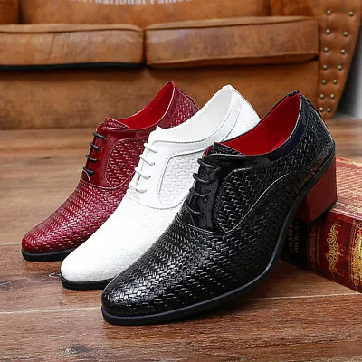 Mens Fashion Faux Leather Shoes Woven Pointed Toe Red Black  British High Heels • £50.39