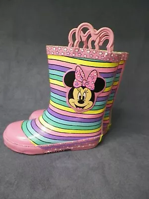 Minnie Mouse Girls Rain Boots Waterproof Rubber Striped Faux Fur Lined Sz 11/12 • $8.42