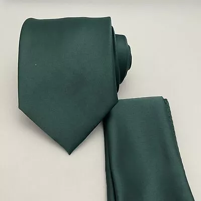 Mens Solid Self Tie Neck Tie Necktie And Pocket Square Hankie Dark Forest Green • $13.50
