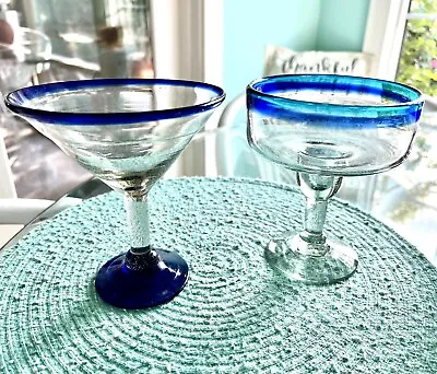 2 - Mexican Hand Blown Cobalt BLUE Swirl Jumbo Margarita MARTINI Glasses • $22.99