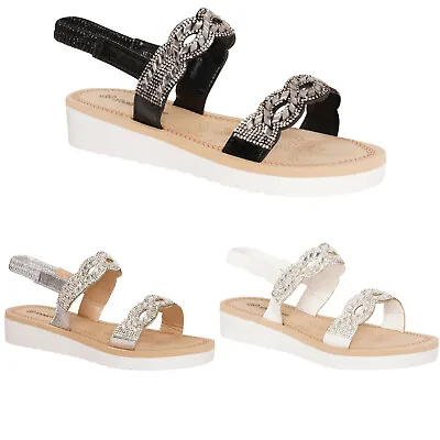 Ladies Flower Strappy Sandals Womens Summer Faux Leather Mid Wedge Beach Shoes • £12.80