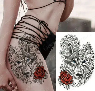 Maori Wolf & Red Rose Tattoo Sticker Womens Fake Arm Half Sleeve Leg Mens Tribal • £2.99