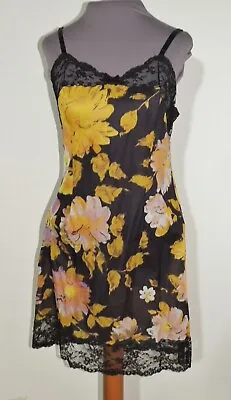 1960's Vanity Fair Black Floral Print  Full Slip W Lace SM • $25