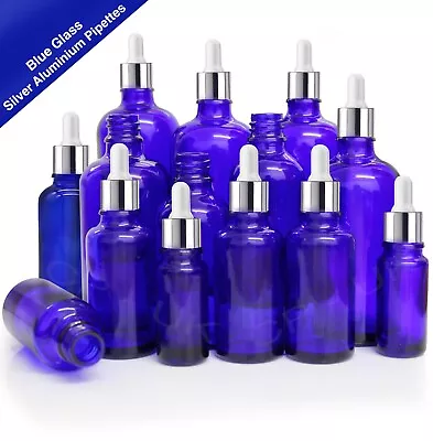 BLUE Glass Dropper Bottle With SILVER Pipettes Oils Aromatherapy Ear Eye Drops • £169.80