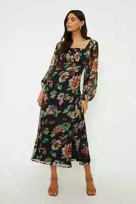 Oasis Black Floral Square Neck Midi Dress SIze 14 Balloon Sleeve RRP £59 • £19.97