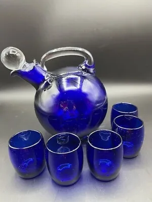 VTG 1930s Cambridge Glass Colbalt Blue Ball Tilt Decanter W/Stopper & 5 Glasses • $48.99