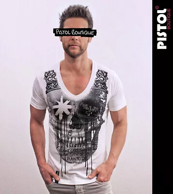 Pistol Boutique Men's Fitted White Deep V Neck GRAFFITI SKULL CROWN T-shirt • $31.34