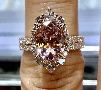 3Ct Oval Cut Morganite Bridal Halo Engagement Wedding Ring 14K Rose Gold Finish • $69