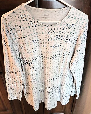 EUC - Pure Jill Large (L)  Stretch Cotton Shirttail Top - Grayish-ivory/Teals • $12.99