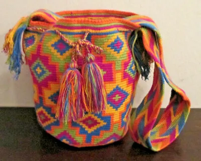 Bag Wayuu Mochila Bucket Boho Colombia Rioacha Orange Yellow Pink Blue New #59 • $48