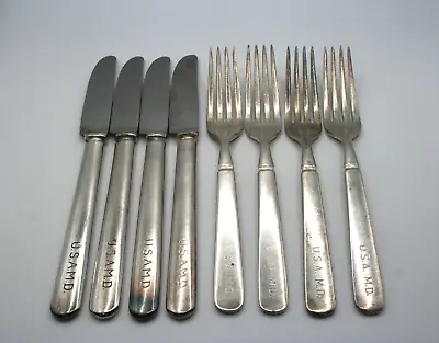 WWII  1877 N.F. Co. US Army Medical Department Hospital Mess Hall 4 Fork 4 Knife • $49.95