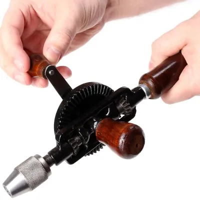 1/4  (8mm) CHUCK DOUBLE PINION HAND DRILL Wood Side Turn Manual WOODEN HANDLE • £9.67