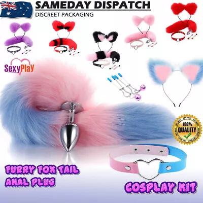 BDSM Fox Tail Anal Plug Headband Collar Nipple Clips Cosplay Bondage Kit Sex Toy • $29.99