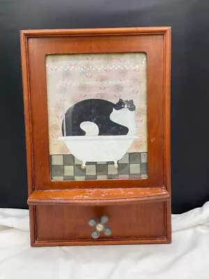 Warren Kimble Fat Tuxedo Cat In Tub Wood Framed Wall Bathroom Shelf With Hook • $20