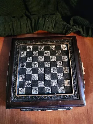 VTG Rare Wood Carved Chess Board/ Travel Box/ Aztec/Mayan W/Stone Chess Pieces • $65