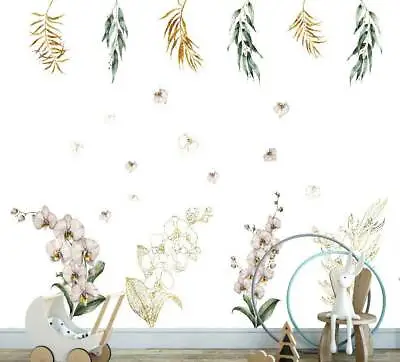 White Gold Orchid Branch Flower Wall Decal Kids Nursery Stickers Baby Cot Decor • £106.26