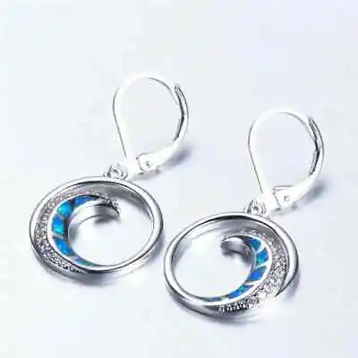 Silver Plated Blue Simulated Opal Moon Dangle Hoop Stud Earrings Party Jewelry • $3.99