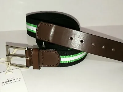 £59.99 • Buy ANDERSONS STRIPED GREEN BLACK WHITE STRETCH FABRIC LEATHER BELT 100cm 40   BNWT