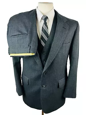 Vintage Mens 40R Gray Stripe 100% Wool 3 Piece Suit W/ Vest & Dress Pants 33x29 • $174.98