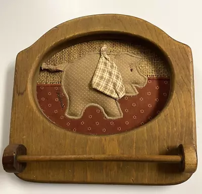 Vtg. Valorie Sockwell Pig Folk Art Dimensional Applique Wooden Towel Holder 1985 • $24