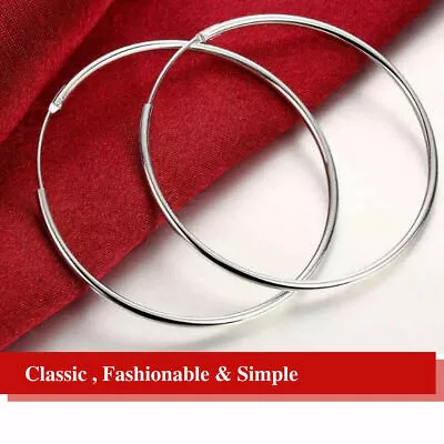 925 Sterling Silver Plated Plain Smooth Thin Long Round Hoop Earrings • £3.99