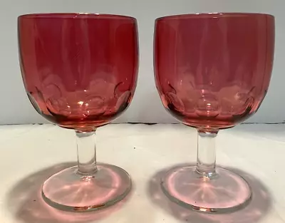 Vintage Bartlett Collins Cranberry Thumbprint Glass Goblet Set Of 2 • $18.95