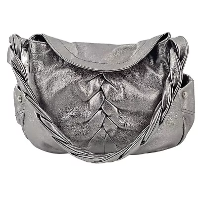 B MAKOWSKY Pewter Metallic Pebble Leather Shoulder Bag With Braided Handles • $49.95