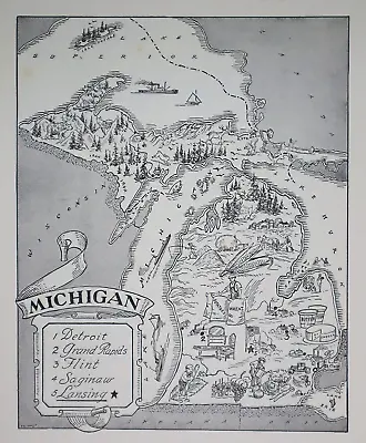 1959 Picture / Pictorial Map Geography Of MICHIGAN By PS JOHST - VERNON QUINN • $18