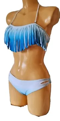 Womens Bikini Turquoise White Fringe Tassel Padded Bandeau Hipster Uk 10 12 New • £12.95