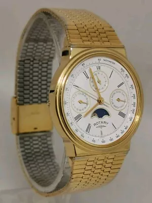 Vtg 1991 Rotary Moonphase Dual Time Day Date Gold Plated 33mm Quartz Gents Watch • $176.86