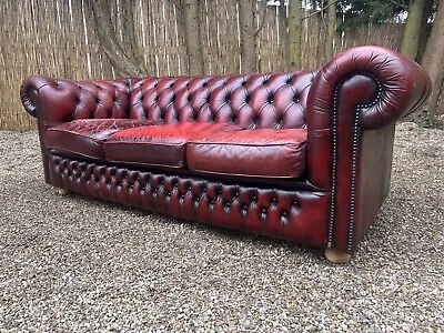 Traditional Oxblood Leather Scroll Arm 3 Seater Chesterfield Sofa Lounge Barbers • £225