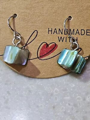 Dainty Iridescent Green Mother Of Pearl / Abalone Shell Dangle Drop Earrings • $10