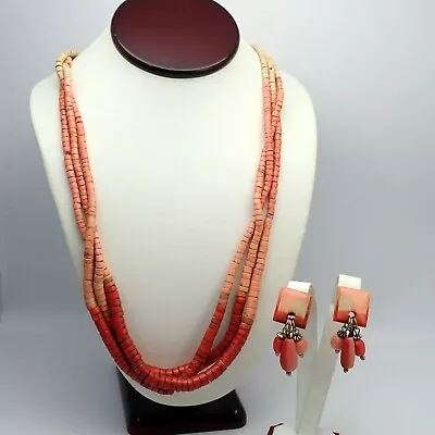 Vtg 1990's Wood Coral Tone 3 Strand 24  Continuous Necklace Pierced Earring Set • $19.95