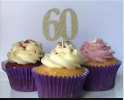 60 Cupcake Toppers (Qty 12) Glitter 60th Birthday Number 60 Sixty Cake • £3.50