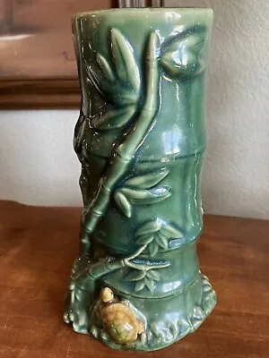 VNTG Tall Green Bamboo With Turtle Ceramic Vase 8 1/2”  Stability Prosperity • $13.99