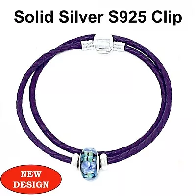 Double Leather Bracelet With S925 Silver Clip Stoppers & Murano Charm Purple • £14.99