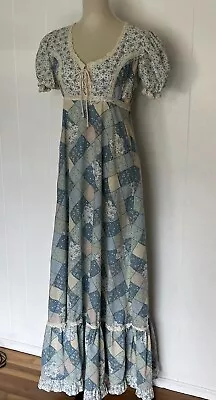 1970s Gunne Sax Style Baby Blue Prairie Patchwork Dress Sz 14 30  Waist • $145