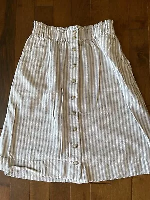 *FLAW* Madewell Knee Length Linen Pocket Smocked Waist Skirt Gray Blue Striped S • $14.99