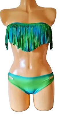 Womens Bikini Green Blue Fringe Tassel Bandeau Hipster Swimwear Uk 10 12 New • £12.95