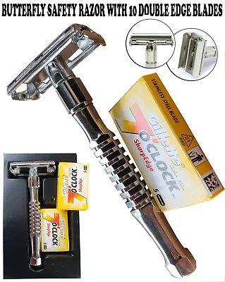 Butterfly Safety Razor & 10 Double Edge Blades Classic Shaving Vintage • $1024.99