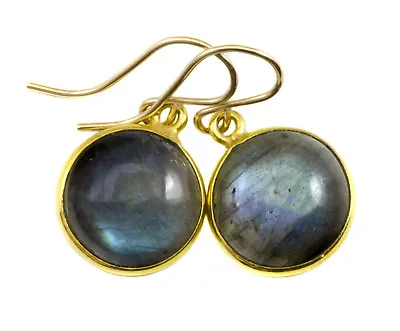 Labradorite Earrings Natural Blue Bezel Round Smooth Simple Drops 1  14k Gold • $39