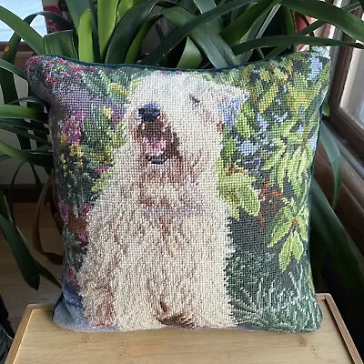 Terrier Wheaten Westie Dog Wool Needlepoint Green Velvet Floral Garden Pillow • $80