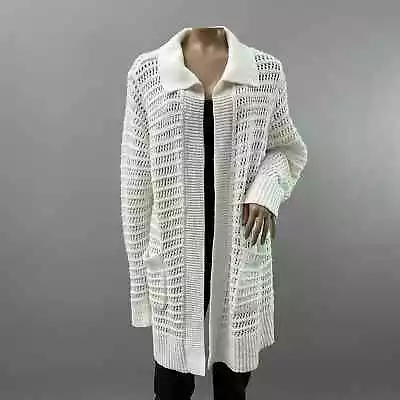 CAbi Sweater Women XL White Open Stitch Cardigan 6237 Knit Longline Transitional • $55