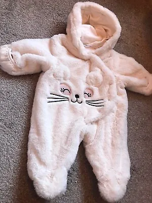 Size 0-3 Months Baby Girl Cat Animal Pram Snow Suit Faux Fur Winter Hooded • £1.99