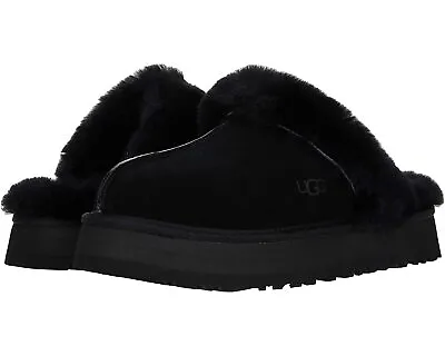 Women's Shoes UGG DISQUETTE Platform Sheepskin & Suede Slippers 1122550 BLACK • $90